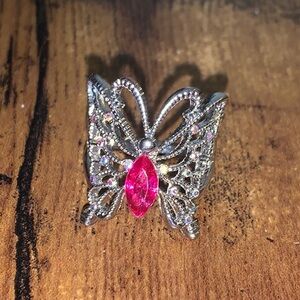 Magical Silver Butterfly Ring with Elegant Pink Gemstone